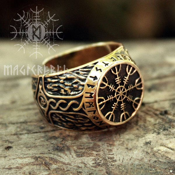 Viking Ring Helm of Awe Aegishjalmur Futhark Magic Stave Runic Adjustable Size Ring