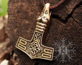 Mjolnir, Thor Hammer, Bronze Pendant, Avian, Eagle Head, Viking Nordic Necklace