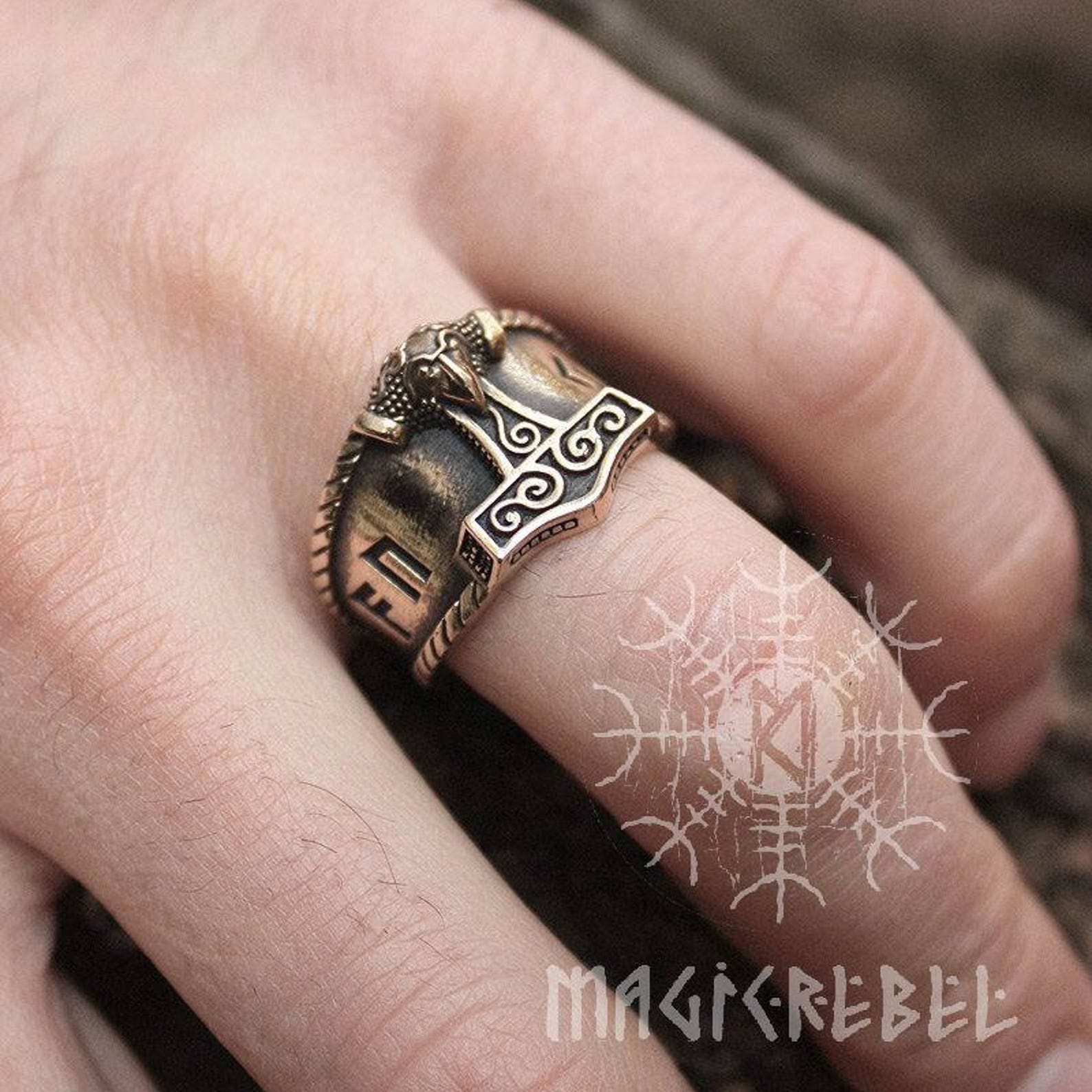 Viking Ring Bronze AUJA Good Luck Runes Mjolnir Thor Hammer - Etsy