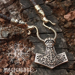 Viking Mjolnir Viking Thor's Hammer Nordic 3D Pendant Wolf Heads Braided Leather Cord Necklace Bronze BM7