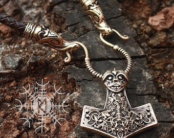 Viking Mjolnir Viking Thor's Hammer Nordic 3D Pendant Wolf Heads Braided Leather Cord Necklace Bronze BM7