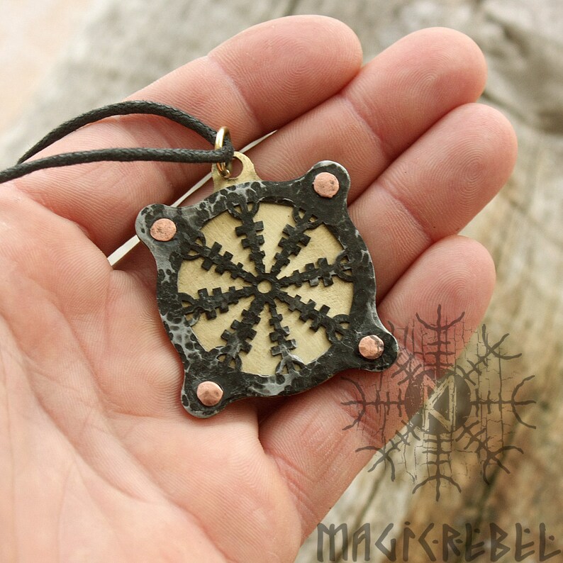 Viking Pendant, Helm of Awe Pendant, Aegishjálmur Pendant, Amulet Pendant, Nordic Pendant, Runic Pendant, Viking Talisman, Forged Iron Brass image 2