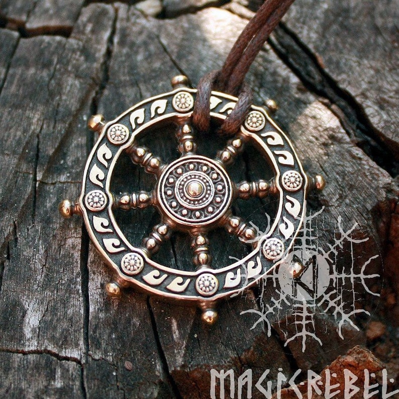 Dharma Pendant Wheel of Life Samsara Bronze Amulet Buddhist Talisman Necklace image 3