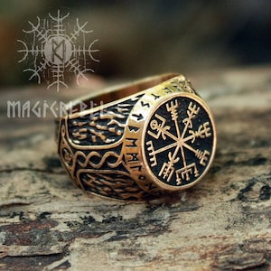 Viking Ring Vegvisir Futhark Runes Compass Magic Stave Nordic Adjustable Size Bronze