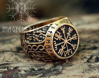 Viking Ring Vegvisir Futhark Runes Compass Magic Stave Nordic Adjustable Size Bronze