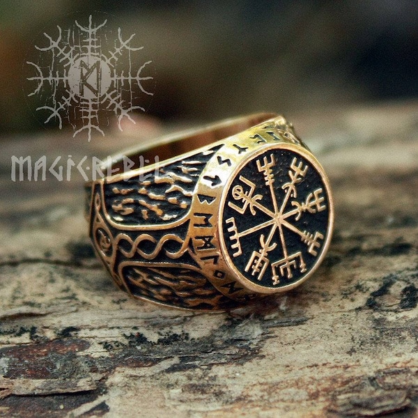 Vikingring Vegvisir Futhark Runen Kompas Magische Staaf Nordic Maat Verstelbaar Brons