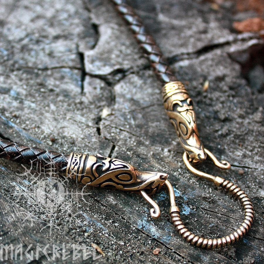 Colliers en cuir véritable faits main tressés ronds trois couleurs bronze têtes de loup Fenrir