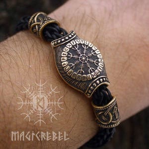 Viking Runes Bracelet Compass Vegvisir Aegishjalmur Futhark Bronze Beads Wolf Heads Handmade Braided Genuine Leather Cuff WHB9blk