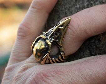 Puede incluir: Un anillo de color dorado con forma de cabeza de pájaro con un diseño detallado. El anillo se lleva en un dedo.