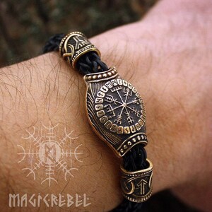 Pulsera De Cuero Vikinga Vegvisir – Brújula Nórdica, Runas, Estilo Amuleto, Talla Ajustable