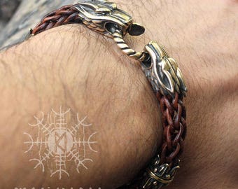 Viking bracelet Wolf Heads Handmade Braided Brown Round Genuine Leather Bracelet WHB3brn