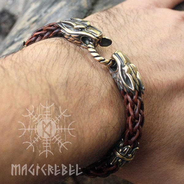 Viking bracelet Wolf Heads Handmade Braided Brown Round Genuine Leather Bracelet WHB3brn