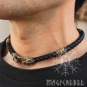 Viking Necklace, Wolf Heads Nekclace, Handmade Necklace, Braided Genuine Leather Necklace, Bronze Leather Necklace