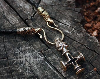 Mjolnir Thor Hammer Olaf Cross Wolf Bronze Pendant Handmade Genuine Braided Leather Necklace