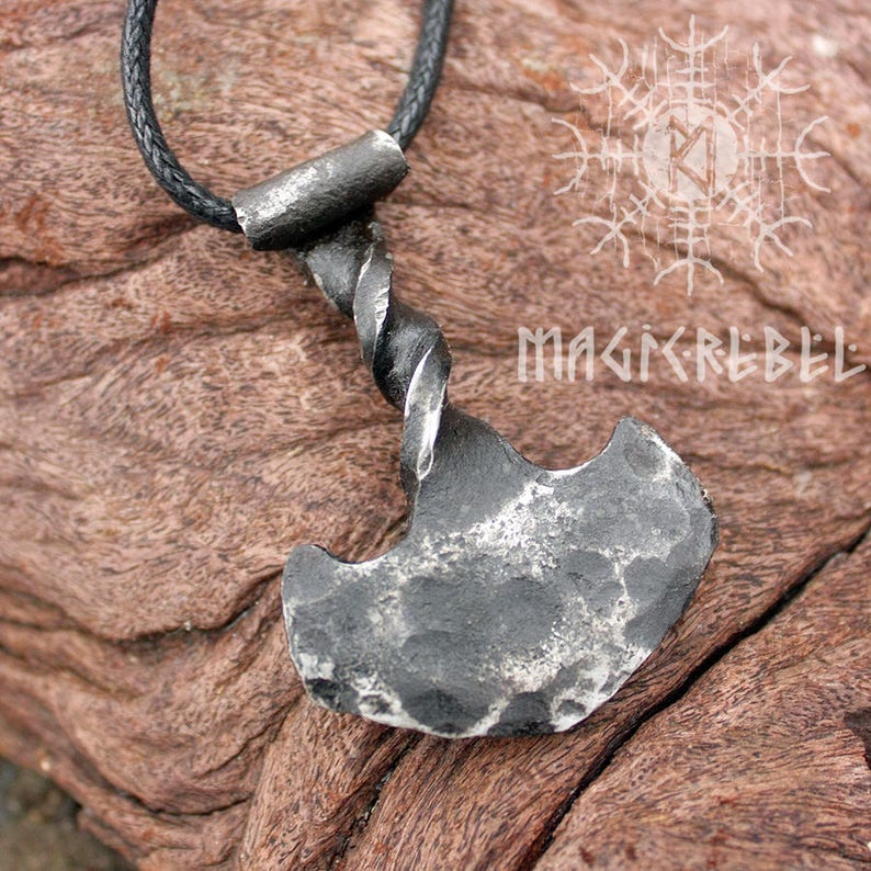 Forged Iron Thor Hammer Twisted Handle Viking Mjolnir Bronze Aegishjalmur Helm of Awe Futhark Handmade Pendant FM8