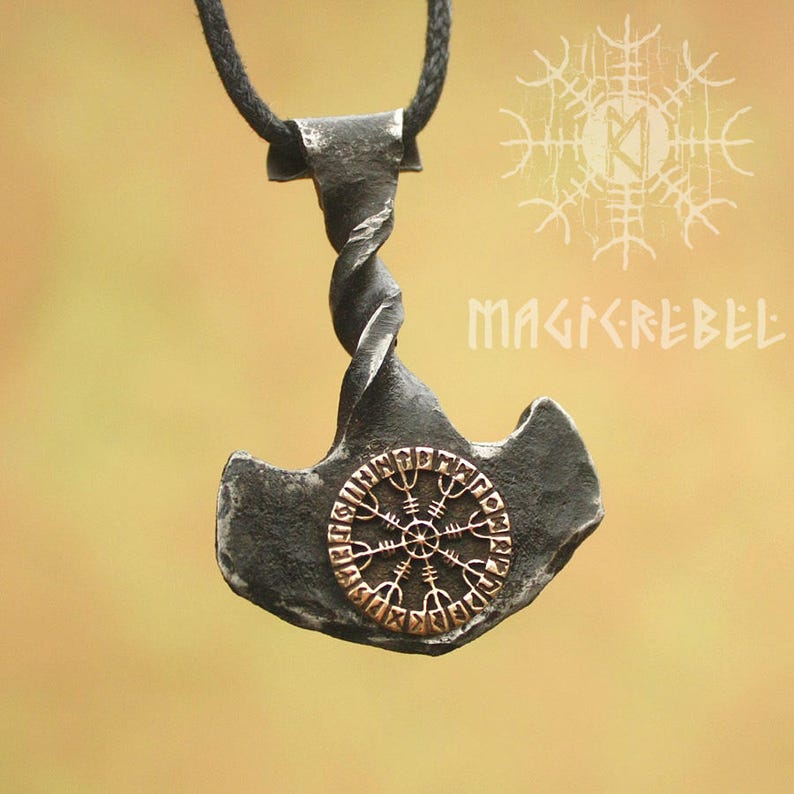 Forged Iron Thor Hammer Twisted Handle Viking Mjolnir Bronze Aegishjalmur Helm of Awe Futhark Handmade Pendant FM8
