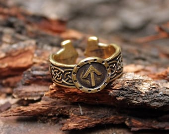 Viking Ring Tiwaz Sowilo Runes Mjolnir Thor Hammer Bronze Amulet Runic Nordic Adjustable size