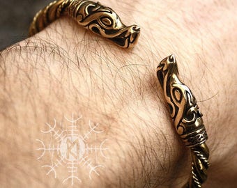 Viking Armband Wolf Köpfe Ragnar handgemachte Nordic Brass Twisted Wire Arm Ring
