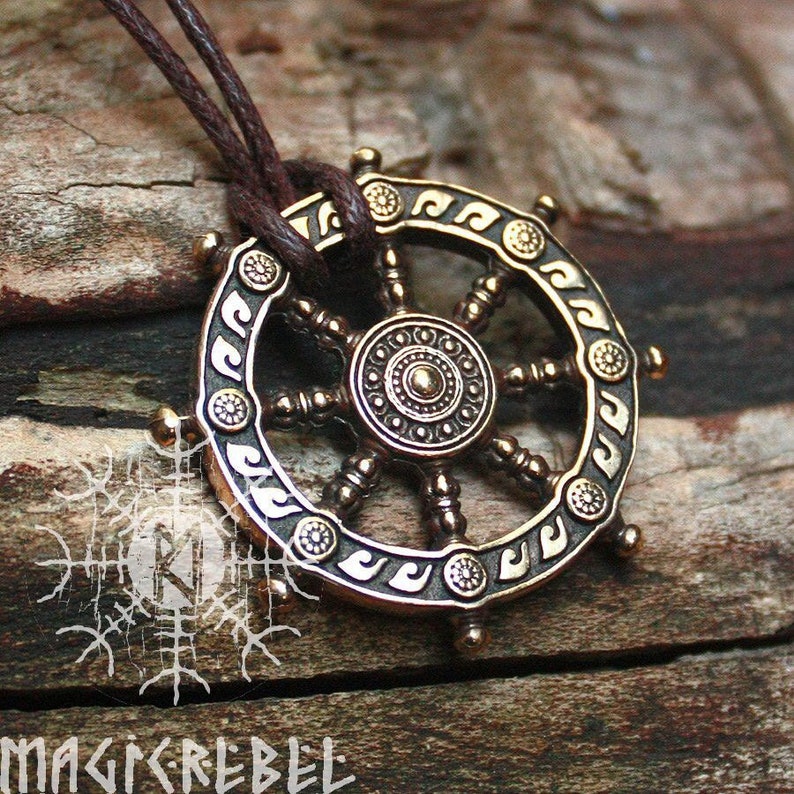 Dharma Pendant Wheel of Life Samsara Bronze Amulet Buddhist Talisman Necklace image 1