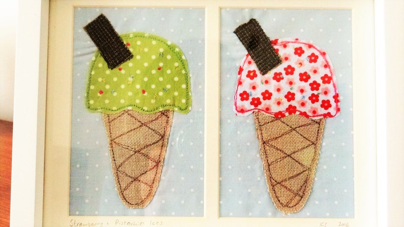Pistachio and Strawberry Ice Cream Textile Applique Original Picture