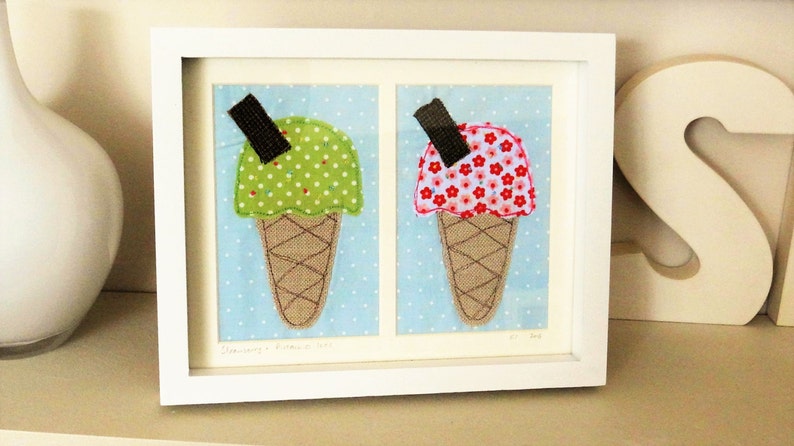 Pistachio and Strawberry Ice Cream Textile Applique Original Picture