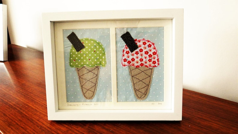 Pistachio and Strawberry Ice Cream Textile Applique Original Picture