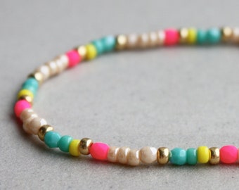 Turquoise, Yellow, Neon Pink, Beige & Gold Bracelet - Boho Summer Bracelet - Fun Jewelry