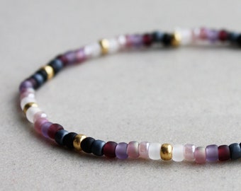 Black, Purple, White & Gold Bracelet - Boho Stretchy Bracelets - Beaded Jewelry - Fun Accessories