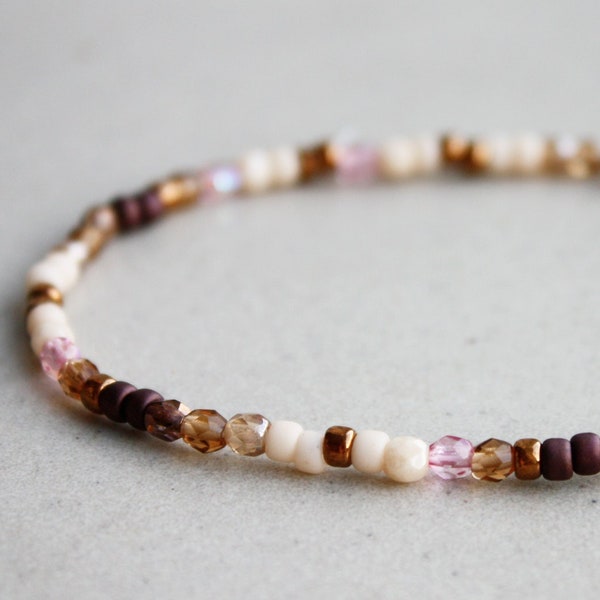 Light Beige, Pink, Brown & Bronze Bracelet - Boho Beaded Bracelets - Fall Jewelry - 3mm Beads - Stretchy
