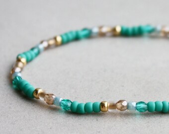 Turquoise Green & Gold Bracelet - Beaded Bracelets - Boho Jewelry - Stretchy - Summer Accessories