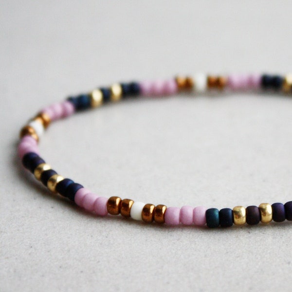 Navy, Rose Pink, Bronze & Gold Bracelet - Beaded Bracelets - Stackable - Dainty - Boho Jewellery - Bohemian Jewelry - Gypsy Style