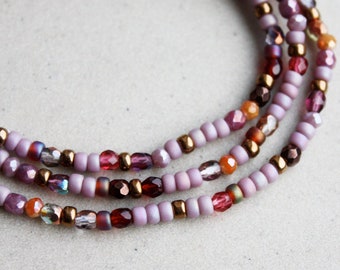 Bohemian Bracelet Set - Three Bracelets - Mauve, Dark Red & Bronze - Stackable - 3mm Beads - Stretchy