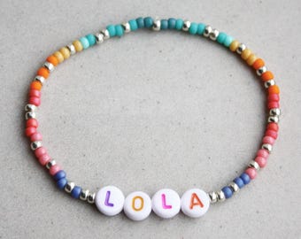 Custom rainbow name bracelet, Personalized beaded bracelet with letter beads, Elastic friendship bracelet, Gift for friends