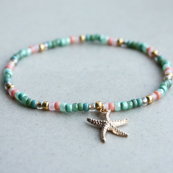 Starfish Charm Bracelet - Green, Pink & Gold - Summer Jewellery