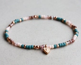 Heart Charm Bracelet - Light Pink, Beige, Teal & Rose Gold - Bohemian Jewelry - Beaded Bracelets - Stretchy - Dainty - 3mm Beads