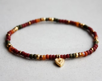 Heart Charm Bracelet - Brown, Oxblood, Olive, Gold & Bronze Beads - Friendship Gifts - Bracelets for sisters - Mom and Daughter Jewelry