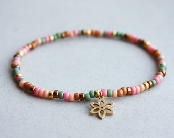 Bloem Armband - Groen, Roze, Bruin & Goud - Kralenarmband - Zomer Accessoires