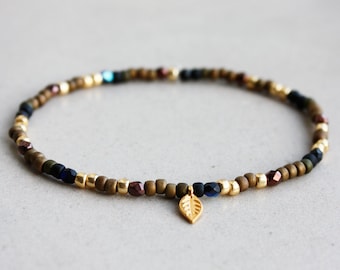 Leaf Charm Bracelet - Green, Black, Bronze & Gold - Boho Bracelets - Friendship Gift -  Bohemian Jewellery - Fall Jewelry