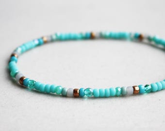 Pulsera turquesa, gris y bronce - Pulseras bohemias de verano - Joyería bohemia - Delicada - Elástica