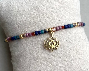 Lotusblume Armband - Lila, Rot, Navy, Teal & Gold - Perlenarmband mit Lotus Anhänger - Boho Schmuck