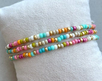 Zomer Armbanden Set - Roze, Turquoise, Mint, Oranje, Beige & Goud - 3 Kralenarmbanden - Boho Armbandjes