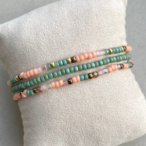 Conjunto de pulseras - Melocotón, verde y bronce - 3 pulseras - Joyas boho - Apilables - Elásticas - Joyas para mujer