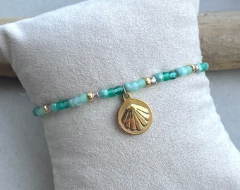 Schelp Kralenarmband - Groen & Goud - Armband met bedel - Elastisch - 3mm Kralen - Boho Beach Sieraad