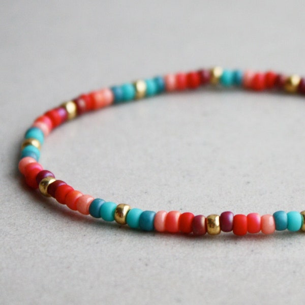Turquoise, Pink, Red & Gold Bracelet - Thin Bracelets - 3mm Seed Beads - Fun Jewelry - Stretchy - Dainty