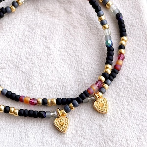 Heart Bracelet - Black, Topaz, Fuchsia & Gold Beads - Friendship Gift