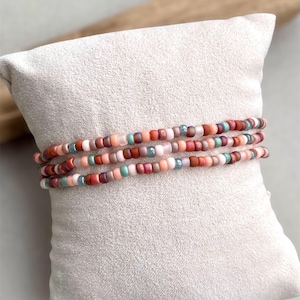 Boho armband set om 3 | Stapelbara pärlarmband | Brun persika havsgrön | Elastiska pärlarmband | Handgjorda | Anpassad storlek