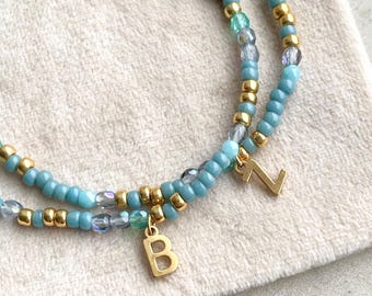 Blue & Gold Initial Bracelet, Custom Bracelets, Choose Alphabet Letter Charm, Friendship Gifts
