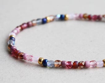 Pink, Gold & Navy Bracelet - Beaded Stretchy Bracelets - Boho Jewellery - Bohemian Jewelry - Dainty
