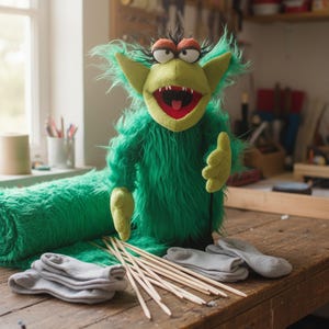 Grünes Monster Handpuppe, Handgemachtes Plüschtier mit Fell und Fleece
