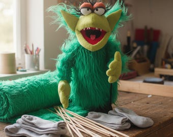 Green Monster Puppet, Handmade Toy with Fur and Fleece